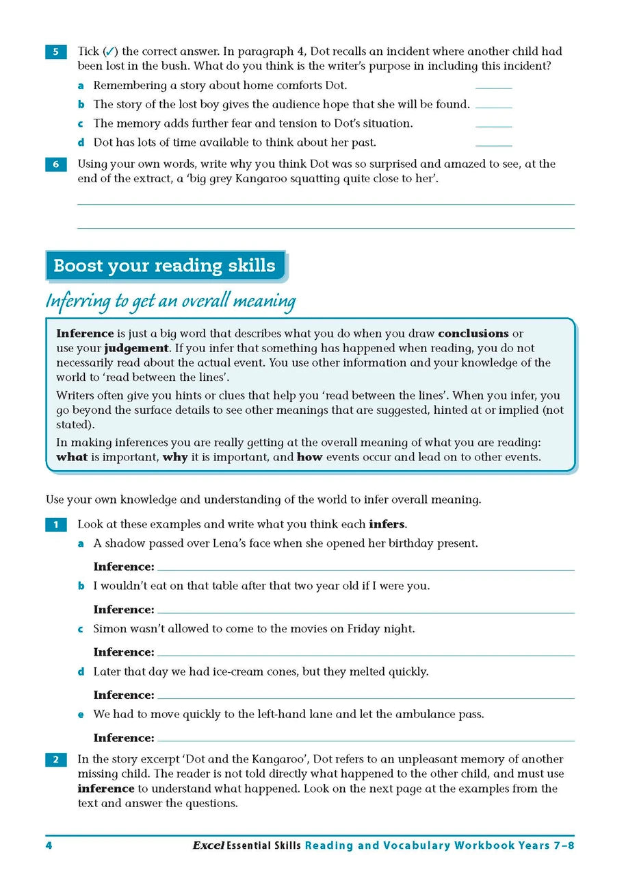 Sample interior page from the Excel Essential Skills Reading and Vocabulary Workbook Years 7-8 as shown in the publisher preview