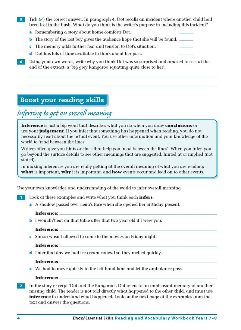 Sample interior page from the Excel Essential Skills Reading and Vocabulary Workbook Years 7-8 as shown in the publisher preview