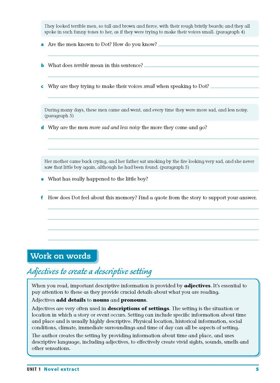 Sample interior page from the Excel Essential Skills Reading and Vocabulary Workbook Years 7-8 as shown in the publisher preview