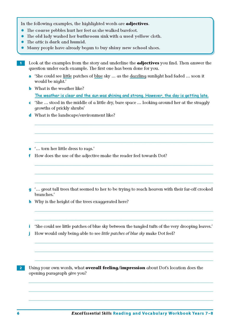 Sample interior page from the Excel Essential Skills Reading and Vocabulary Workbook Years 7-8 as shown in the publisher preview