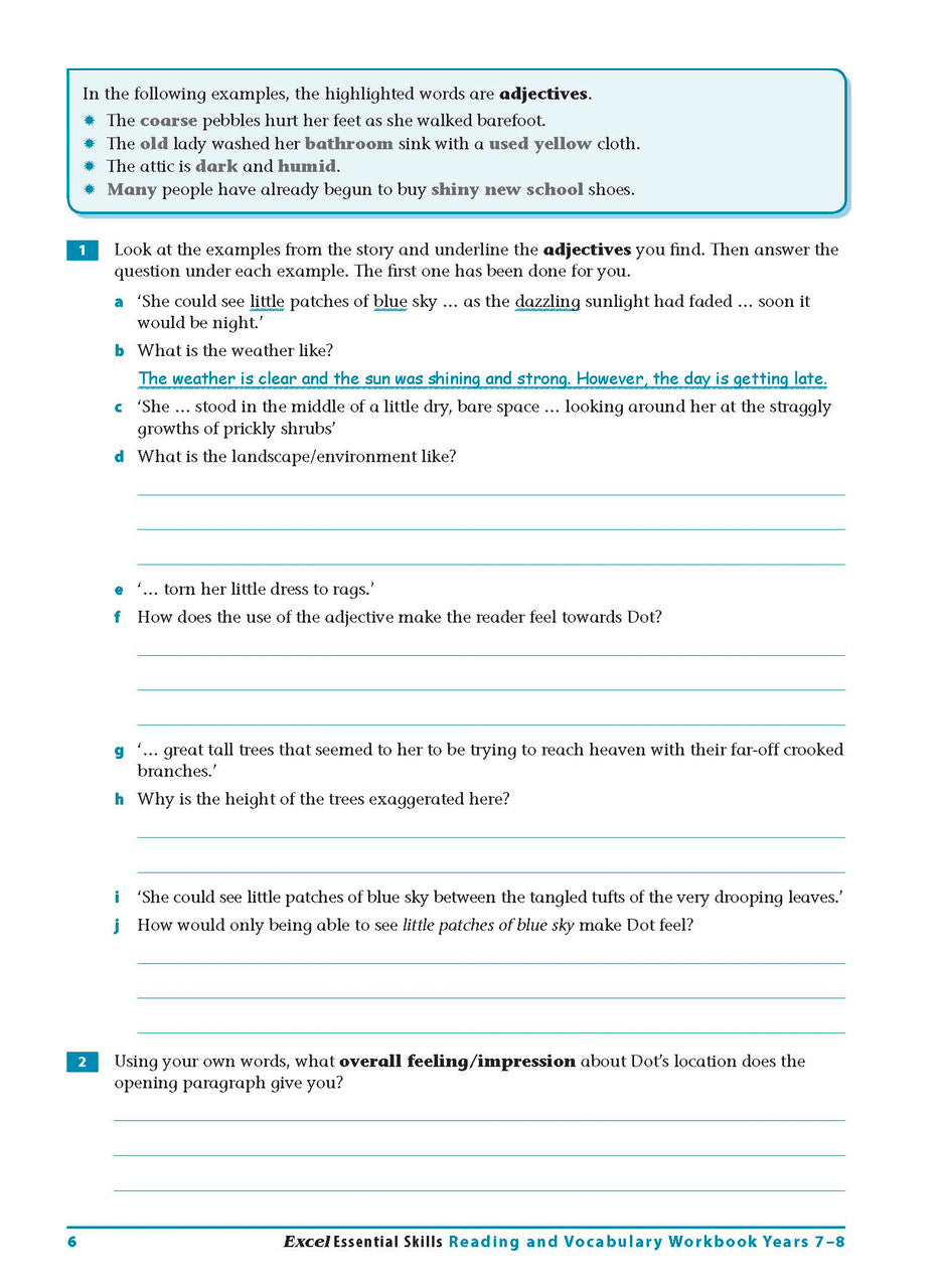Sample interior page from the Excel Essential Skills Reading and Vocabulary Workbook Years 7-8 as shown in the publisher preview
