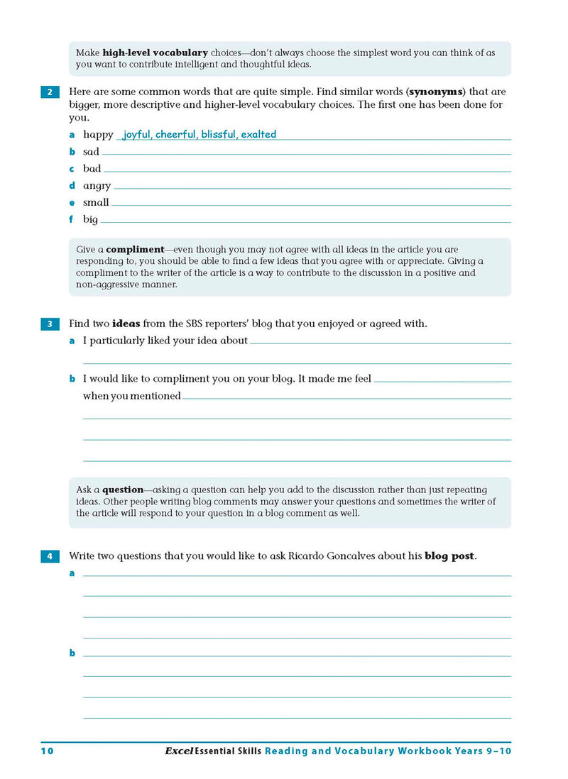 Sample interior page from the Excel Essential Skills Reading and Vocabulary Workbook Years 9-10 as shown in the publisher preview