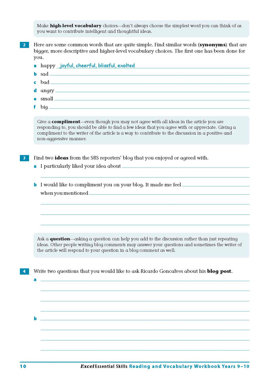 Sample interior page from the Excel Essential Skills Reading and Vocabulary Workbook Years 9-10 as shown in the publisher preview
