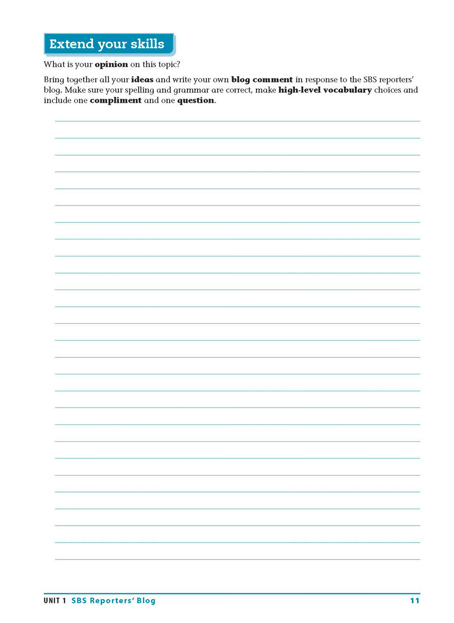 Sample interior page from the Excel Essential Skills Reading and Vocabulary Workbook Years 9-10 as shown in the publisher preview