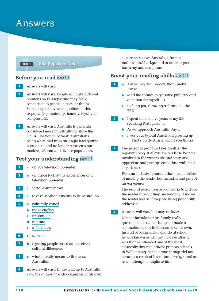 Sample interior page from the Excel Essential Skills Reading and Vocabulary Workbook Years 9-10 as shown in the publisher preview