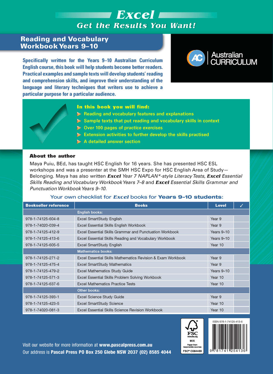 Back cover of the Excel Essential Skills Reading and Vocabulary Workbook Years 9-10 with the publisher's summary