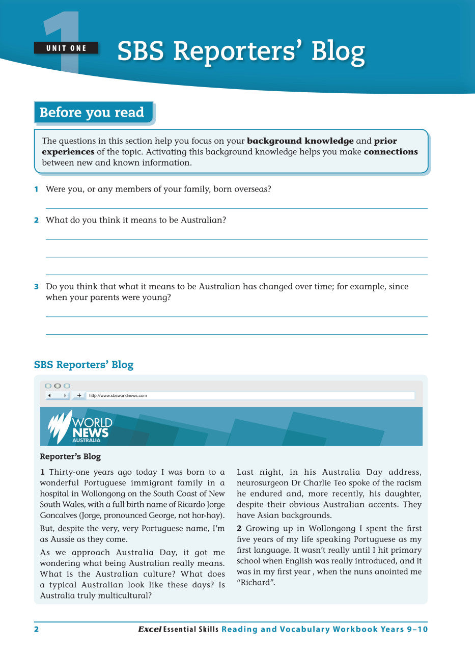 Sample interior page from the Excel Essential Skills Reading and Vocabulary Workbook Years 9-10 as shown in the publisher preview
