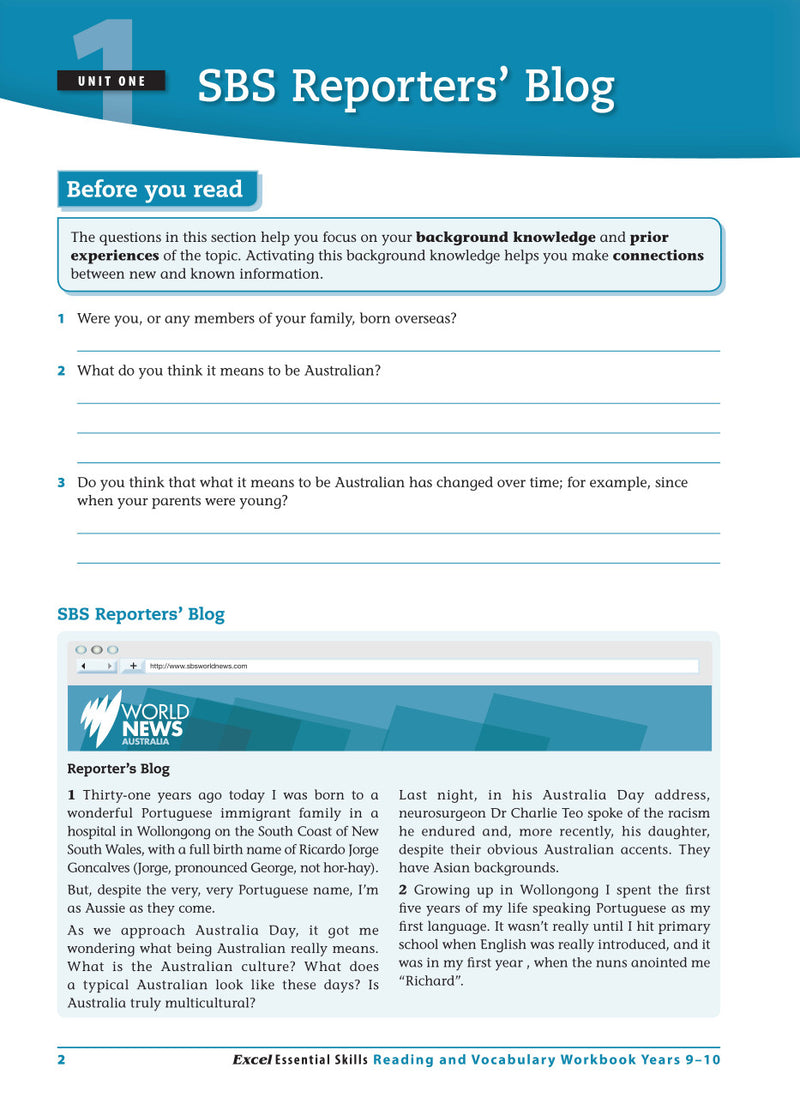 Sample interior page from the Excel Essential Skills Reading and Vocabulary Workbook Years 9-10 as shown in the publisher preview