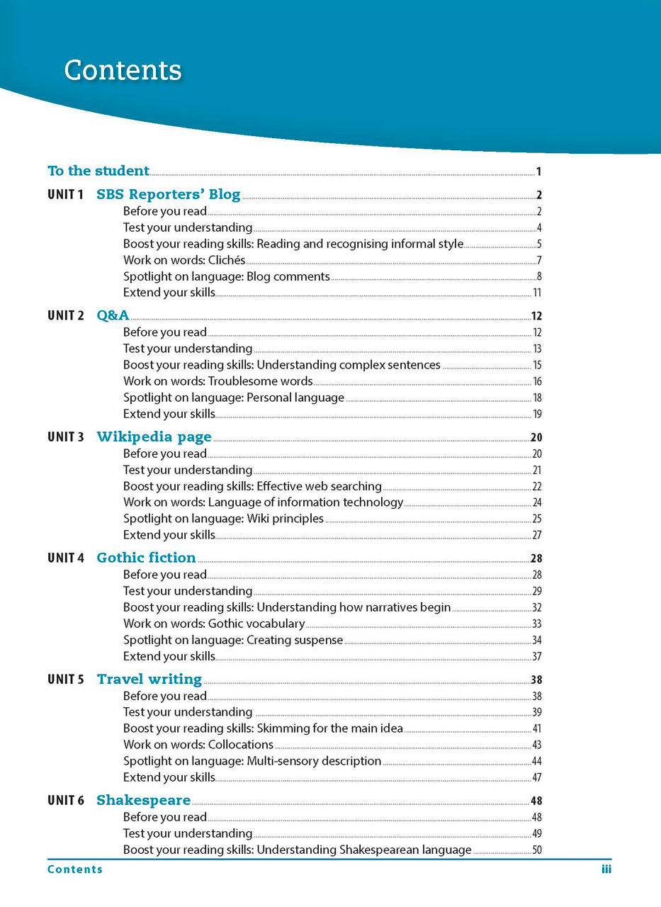 Contents page from the Excel Essential Skills Reading and Vocabulary Workbook Years 9-10 listing the units inside