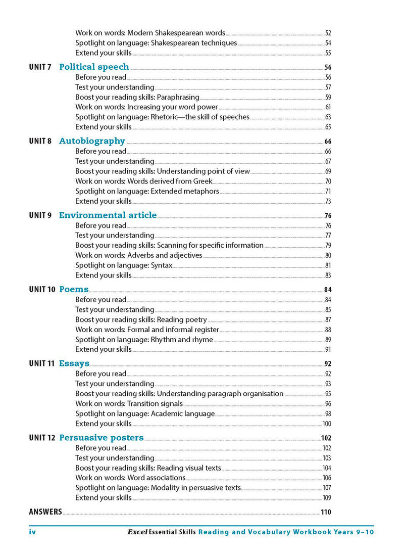 Contents page from the Excel Essential Skills Reading and Vocabulary Workbook Years 9-10 listing the units inside