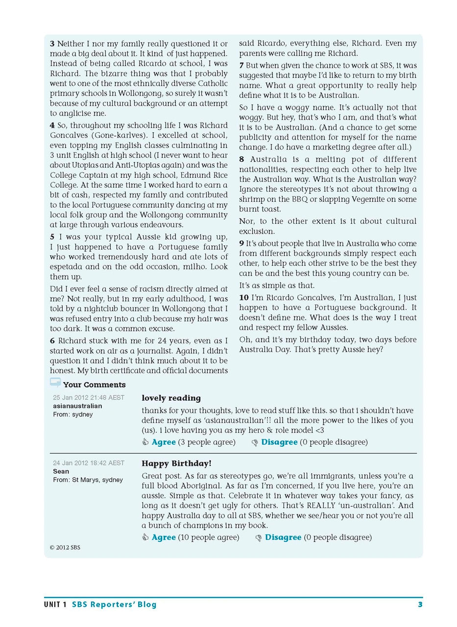 Sample interior page from the Excel Essential Skills Reading and Vocabulary Workbook Years 9-10 as shown in the publisher preview