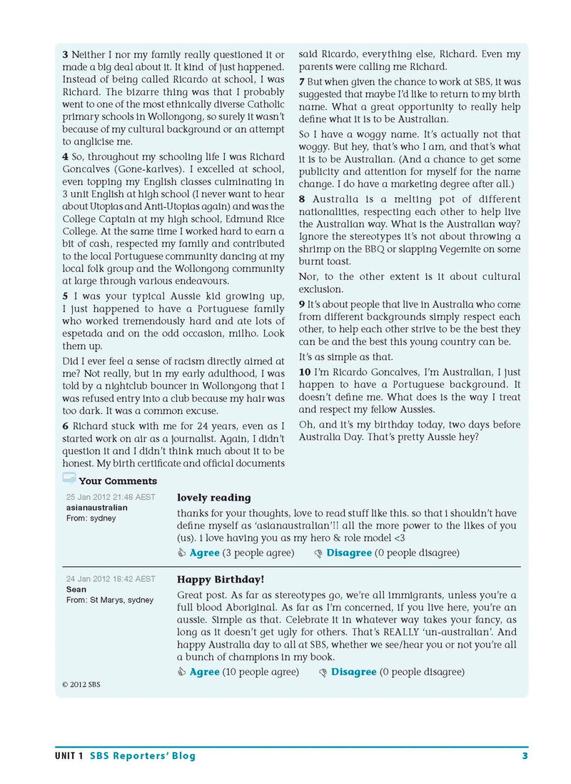Sample interior page from the Excel Essential Skills Reading and Vocabulary Workbook Years 9-10 as shown in the publisher preview