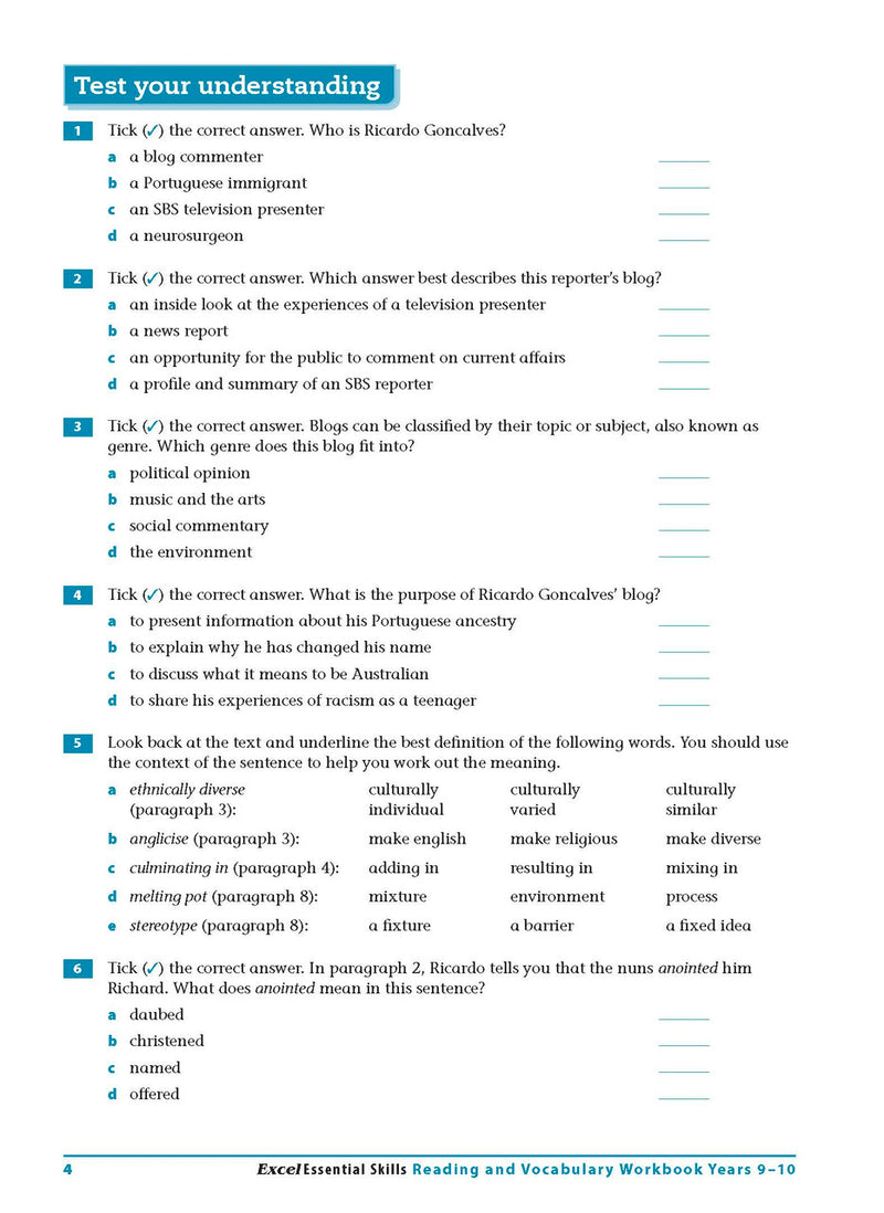 Sample interior page from the Excel Essential Skills Reading and Vocabulary Workbook Years 9-10 as shown in the publisher preview