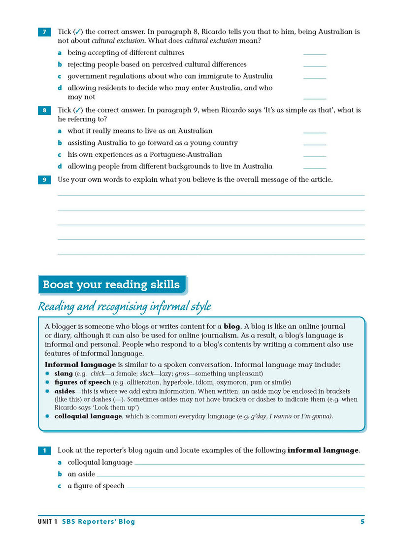 Sample interior page from the Excel Essential Skills Reading and Vocabulary Workbook Years 9-10 as shown in the publisher preview
