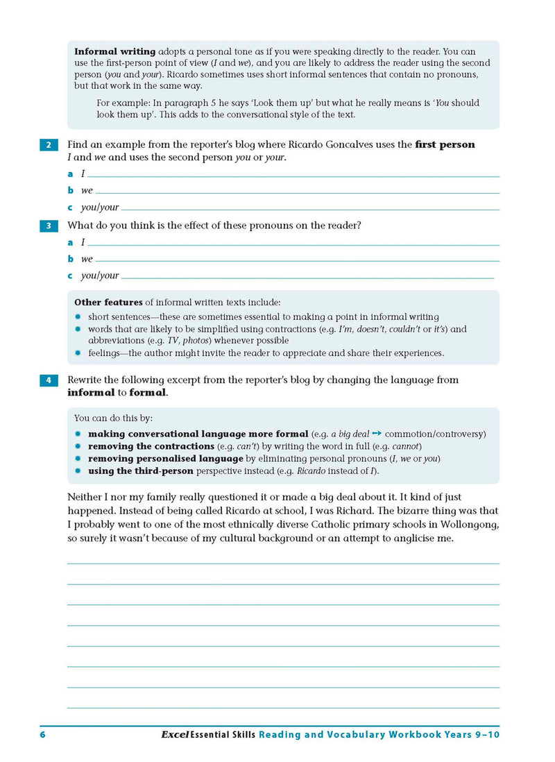 Sample interior page from the Excel Essential Skills Reading and Vocabulary Workbook Years 9-10 as shown in the publisher preview