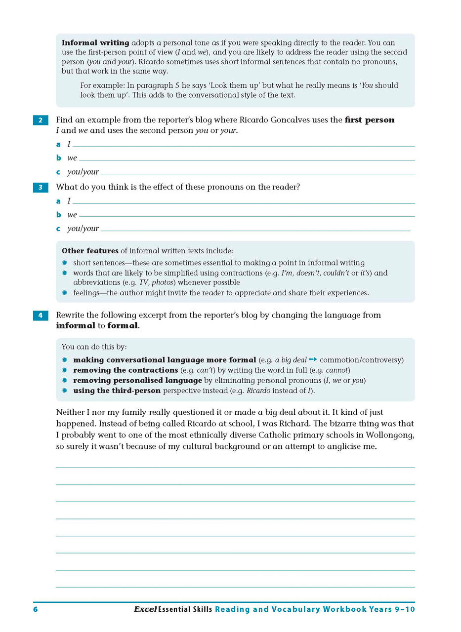 Sample interior page from the Excel Essential Skills Reading and Vocabulary Workbook Years 9-10 as shown in the publisher preview