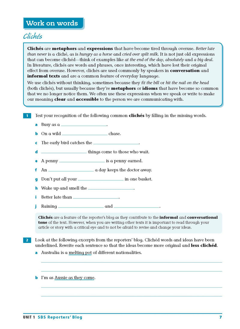 Sample interior page from the Excel Essential Skills Reading and Vocabulary Workbook Years 9-10 as shown in the publisher preview