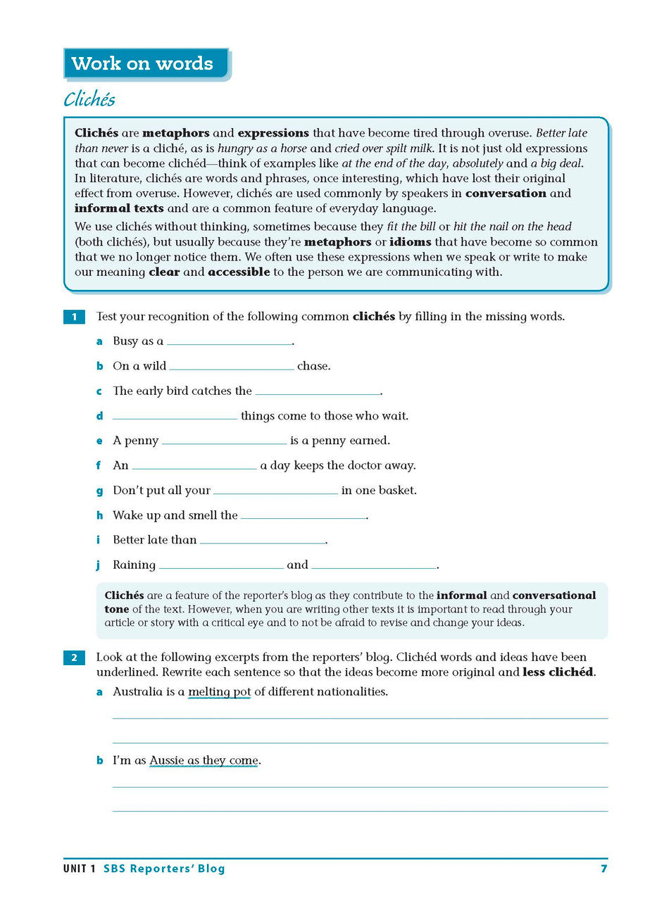 Sample interior page from the Excel Essential Skills Reading and Vocabulary Workbook Years 9-10 as shown in the publisher preview
