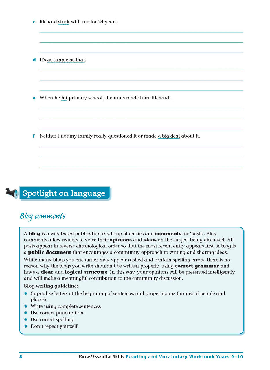 Sample interior page from the Excel Essential Skills Reading and Vocabulary Workbook Years 9-10 as shown in the publisher preview