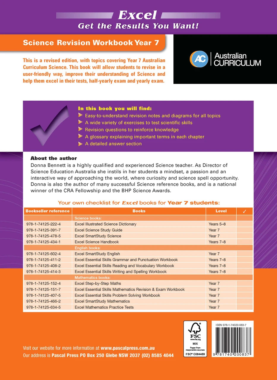 Further page image from the Pascal Press gallery for the Excel Essential Skills Science Revision Workbook Year 7, such as the back cover or an extra sample page