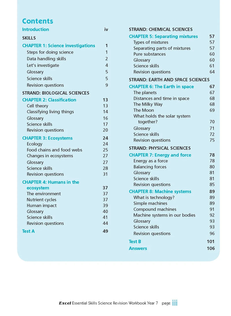 Sample interior page from the Excel Essential Skills Science Revision Workbook Year 7 as shown in the Pascal Press gallery