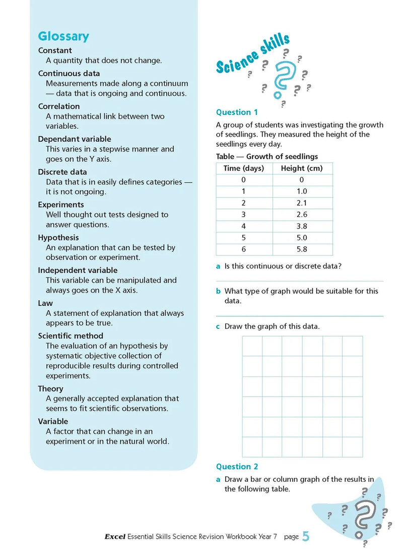 Sample interior page from the Excel Essential Skills Science Revision Workbook Year 7 as shown in the Pascal Press gallery