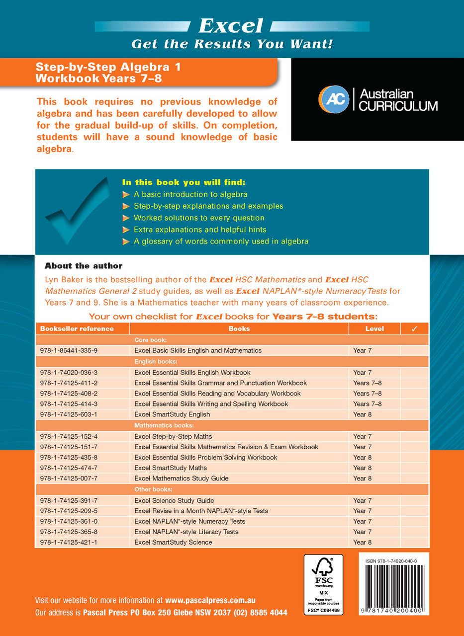 Further page image from the Pascal Press gallery for the Excel Essential Skills Step-by-Step Algebra 1 Workbook Years 7-8, such as the back cover or an extra sample page