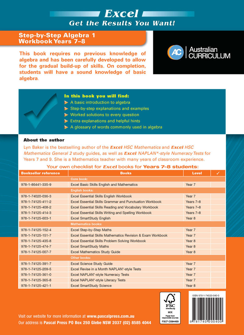 Further page image from the Pascal Press gallery for the Excel Essential Skills Step-by-Step Algebra 1 Workbook Years 7-8, such as the back cover or an extra sample page