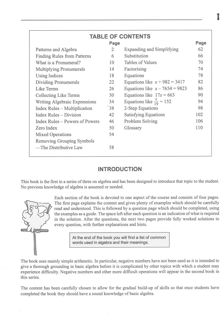 Sample interior page from the Excel Essential Skills Step-by-Step Algebra 1 Workbook Years 7-8 as shown in the Pascal Press gallery