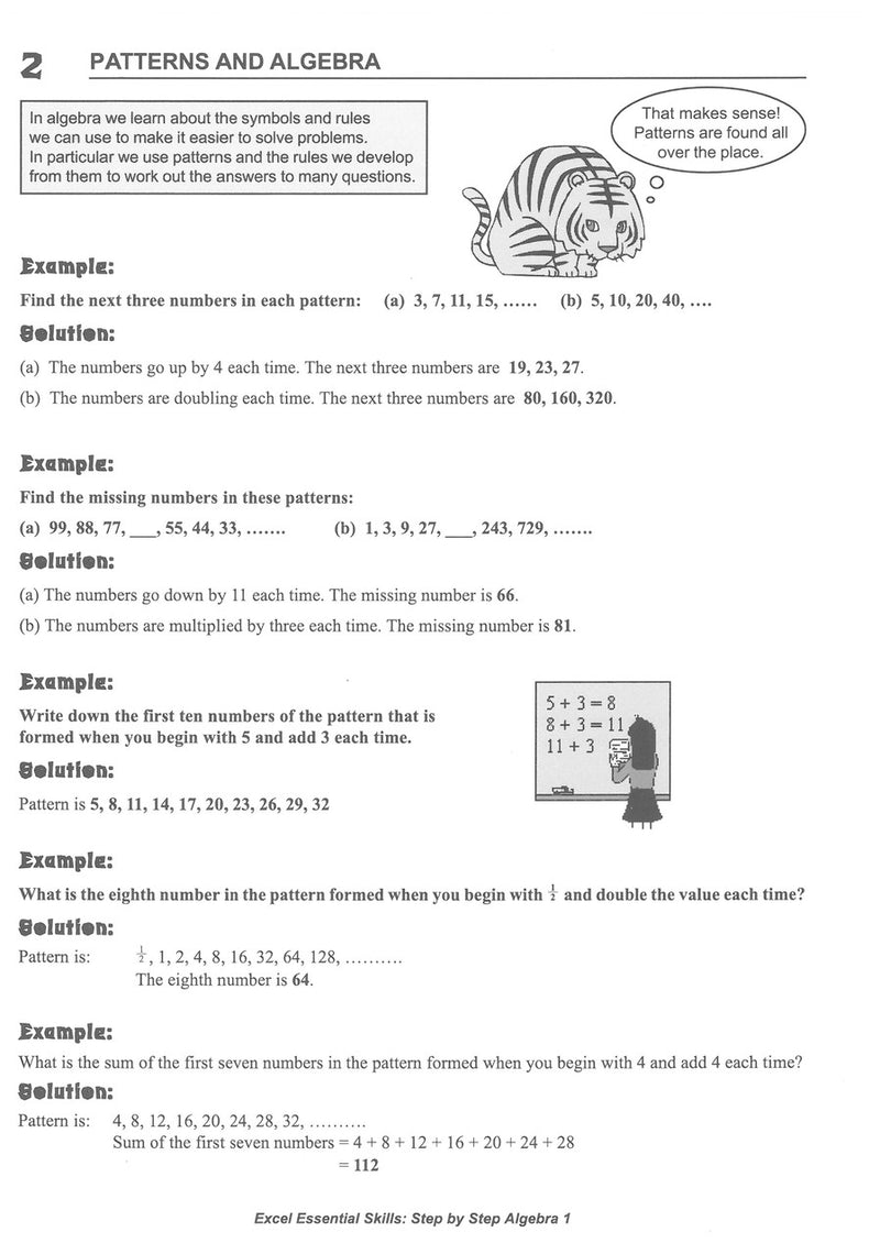 Sample interior page from the Excel Essential Skills Step-by-Step Algebra 1 Workbook Years 7-8 as shown in the Pascal Press gallery