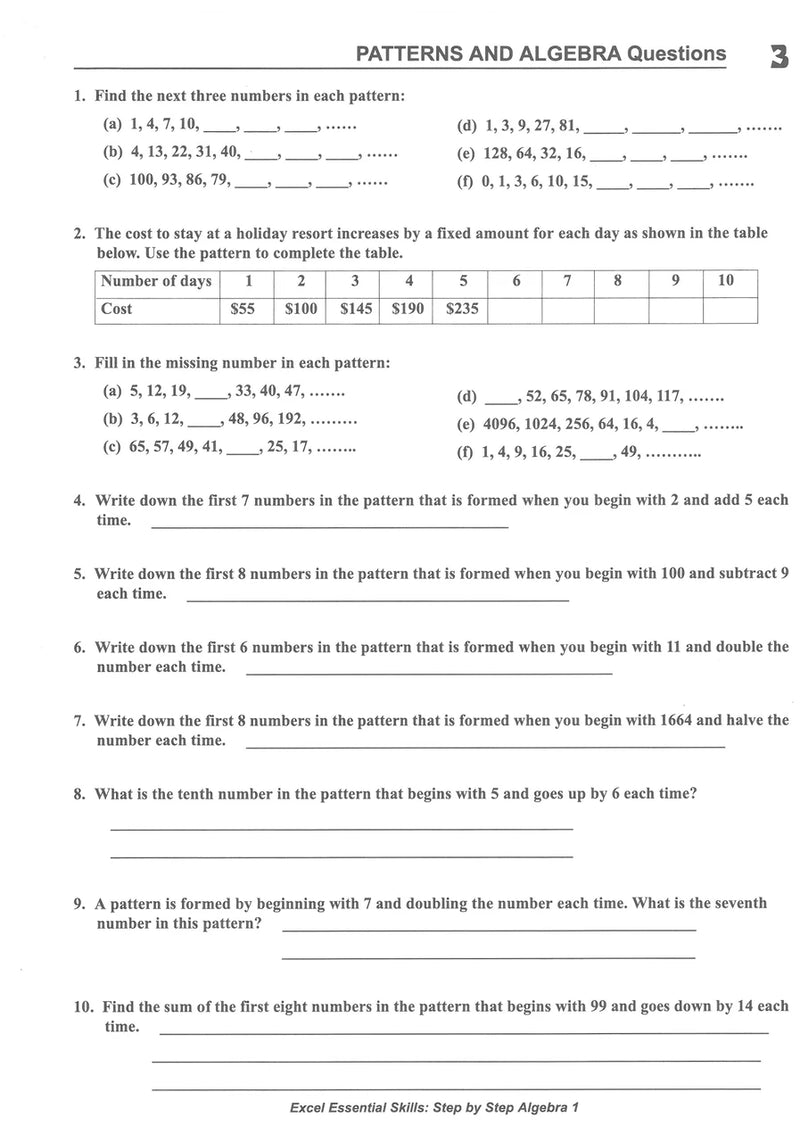 Sample interior page from the Excel Essential Skills Step-by-Step Algebra 1 Workbook Years 7-8 as shown in the Pascal Press gallery