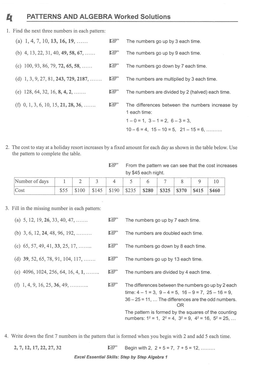 Sample interior page from the Excel Essential Skills Step-by-Step Algebra 1 Workbook Years 7-8 as shown in the Pascal Press gallery