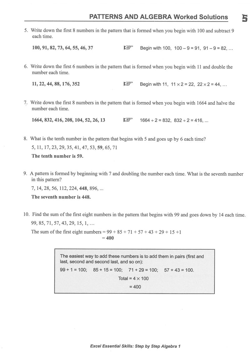 Sample interior page from the Excel Essential Skills Step-by-Step Algebra 1 Workbook Years 7-8 as shown in the Pascal Press gallery