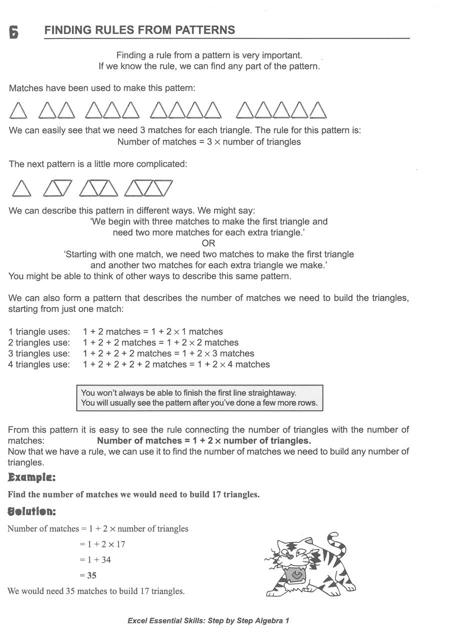 Sample interior page from the Excel Essential Skills Step-by-Step Algebra 1 Workbook Years 7-8 as shown in the Pascal Press gallery