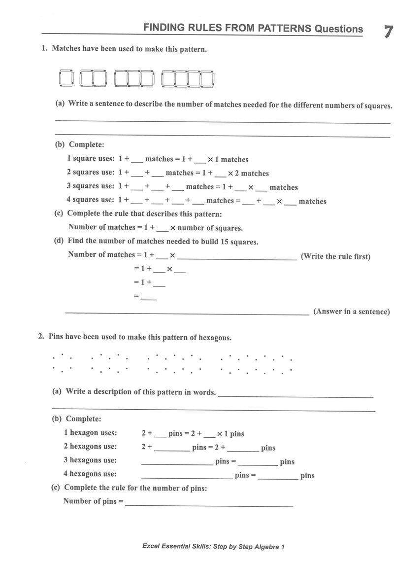 Sample interior page from the Excel Essential Skills Step-by-Step Algebra 1 Workbook Years 7-8 as shown in the Pascal Press gallery