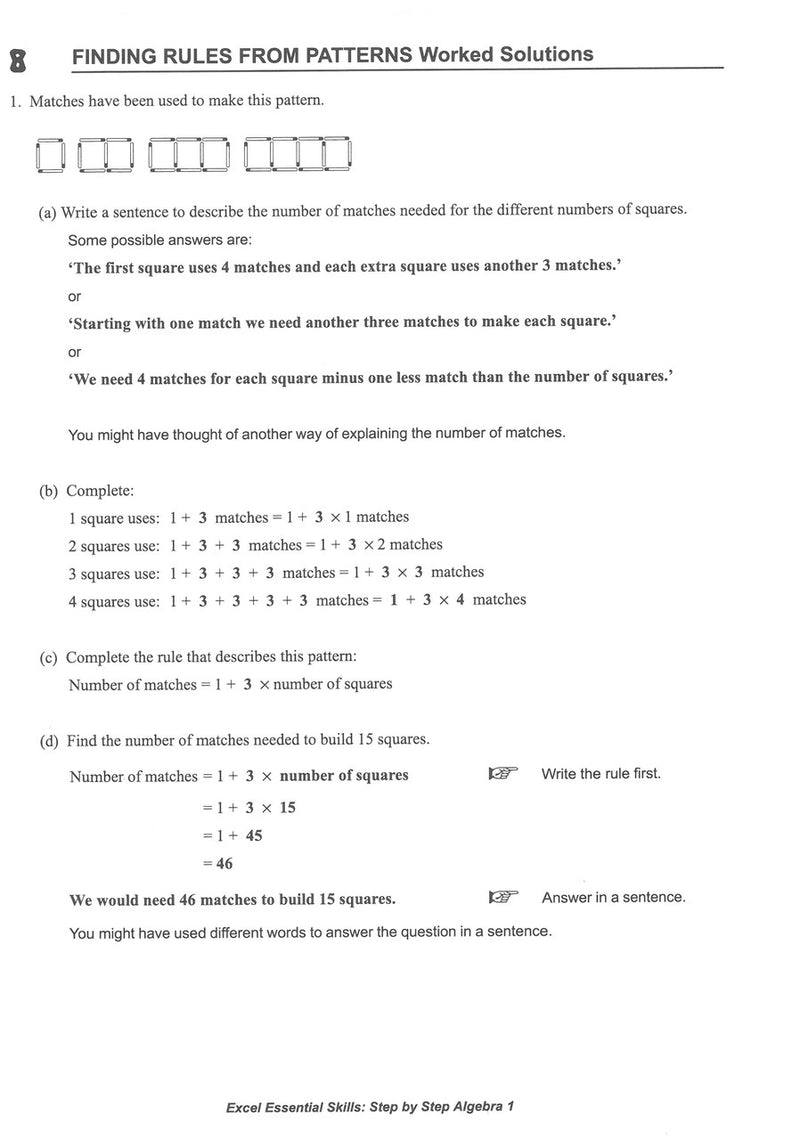 Sample interior page from the Excel Essential Skills Step-by-Step Algebra 1 Workbook Years 7-8 as shown in the Pascal Press gallery