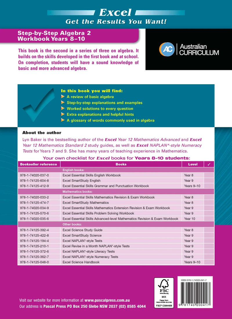 Further page image from the Pascal Press gallery for the Excel Essential Skills Step-by-Step Algebra 2 Workbook Years 8-10, such as the back cover or an extra sample page