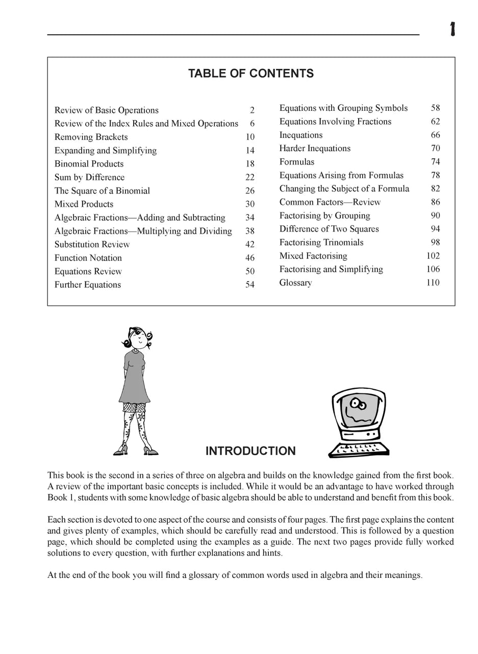Sample interior page from the Excel Essential Skills Step-by-Step Algebra 2 Workbook Years 8-10 as shown in the Pascal Press gallery