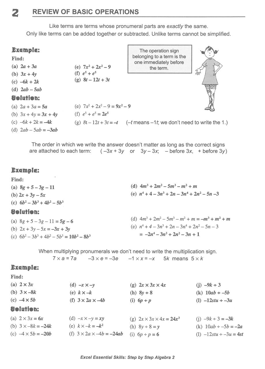 Sample interior page from the Excel Essential Skills Step-by-Step Algebra 2 Workbook Years 8-10 as shown in the Pascal Press gallery
