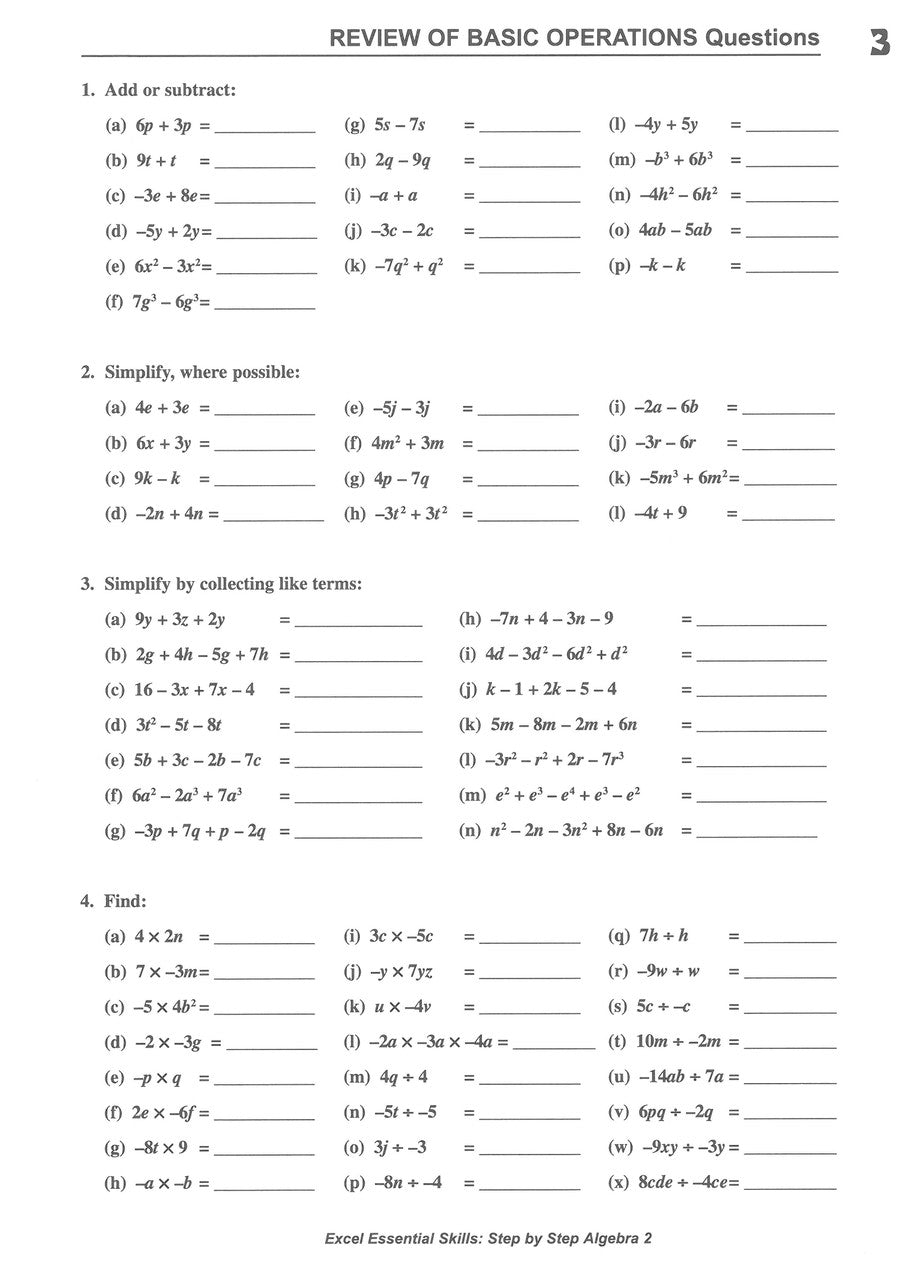 Sample interior page from the Excel Essential Skills Step-by-Step Algebra 2 Workbook Years 8-10 as shown in the Pascal Press gallery
