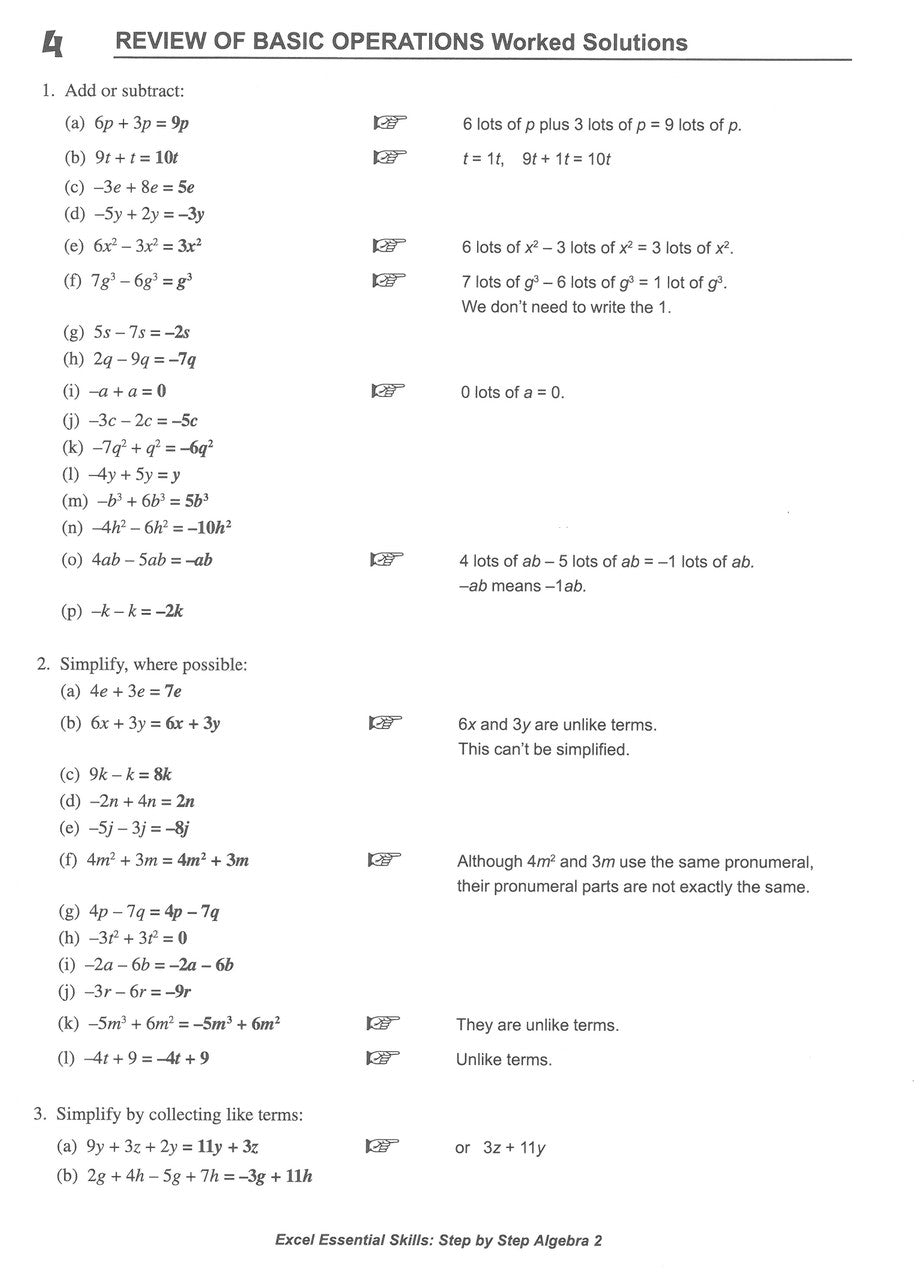 Sample interior page from the Excel Essential Skills Step-by-Step Algebra 2 Workbook Years 8-10 as shown in the Pascal Press gallery