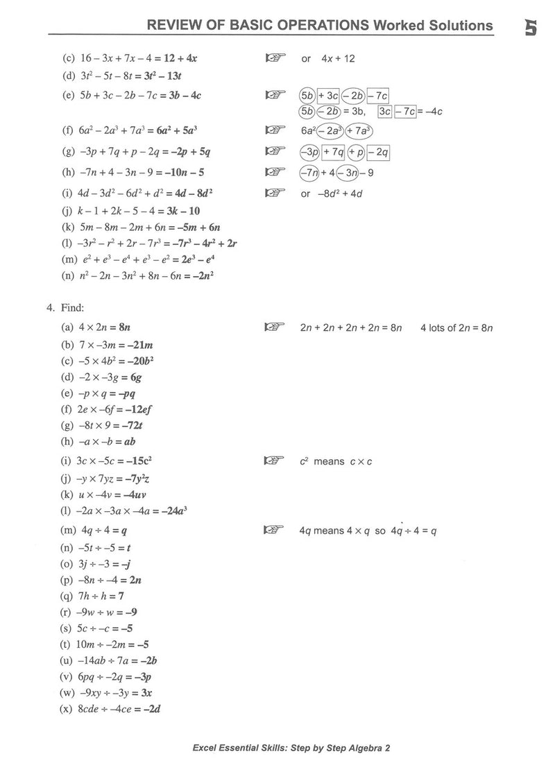 Sample interior page from the Excel Essential Skills Step-by-Step Algebra 2 Workbook Years 8-10 as shown in the Pascal Press gallery