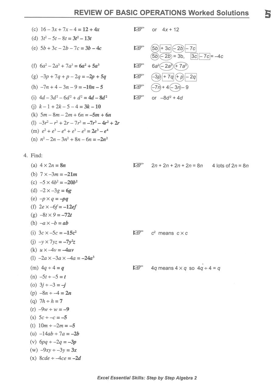 Sample interior page from the Excel Essential Skills Step-by-Step Algebra 2 Workbook Years 8-10 as shown in the Pascal Press gallery