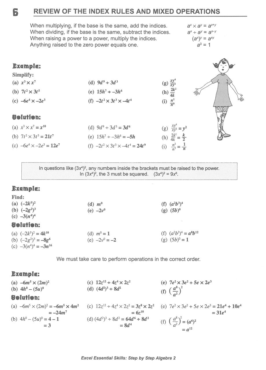 Sample interior page from the Excel Essential Skills Step-by-Step Algebra 2 Workbook Years 8-10 as shown in the Pascal Press gallery