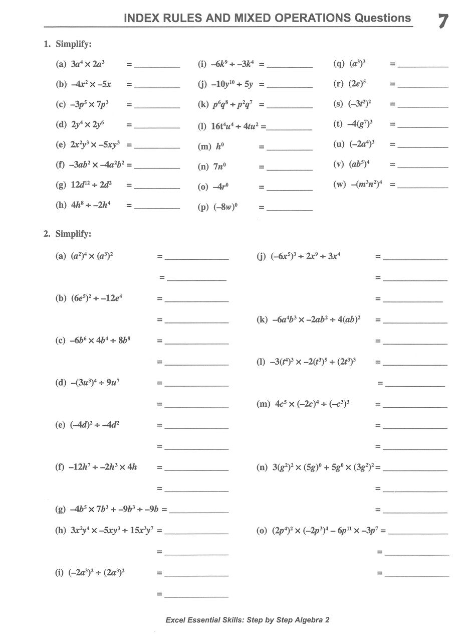 Sample interior page from the Excel Essential Skills Step-by-Step Algebra 2 Workbook Years 8-10 as shown in the Pascal Press gallery