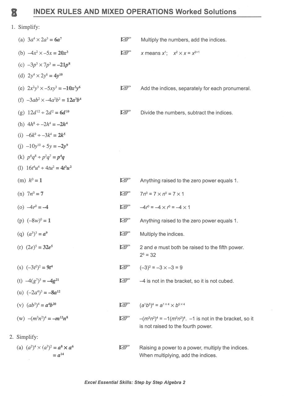 Sample interior page from the Excel Essential Skills Step-by-Step Algebra 2 Workbook Years 8-10 as shown in the Pascal Press gallery