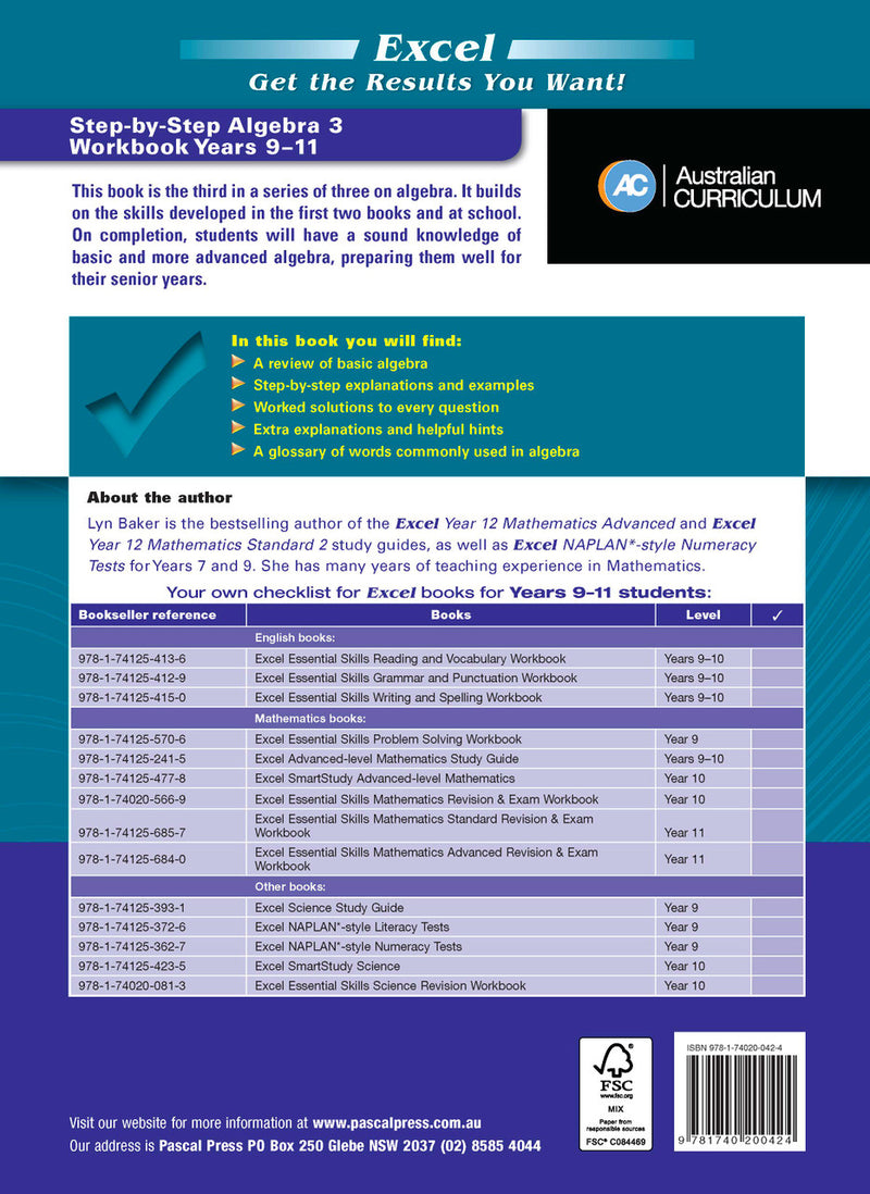 Further page image from the Pascal Press gallery for the Excel Essential Skills Step-by-Step Algebra 3 Workbook Years 9-11, such as the back cover or an extra sample page