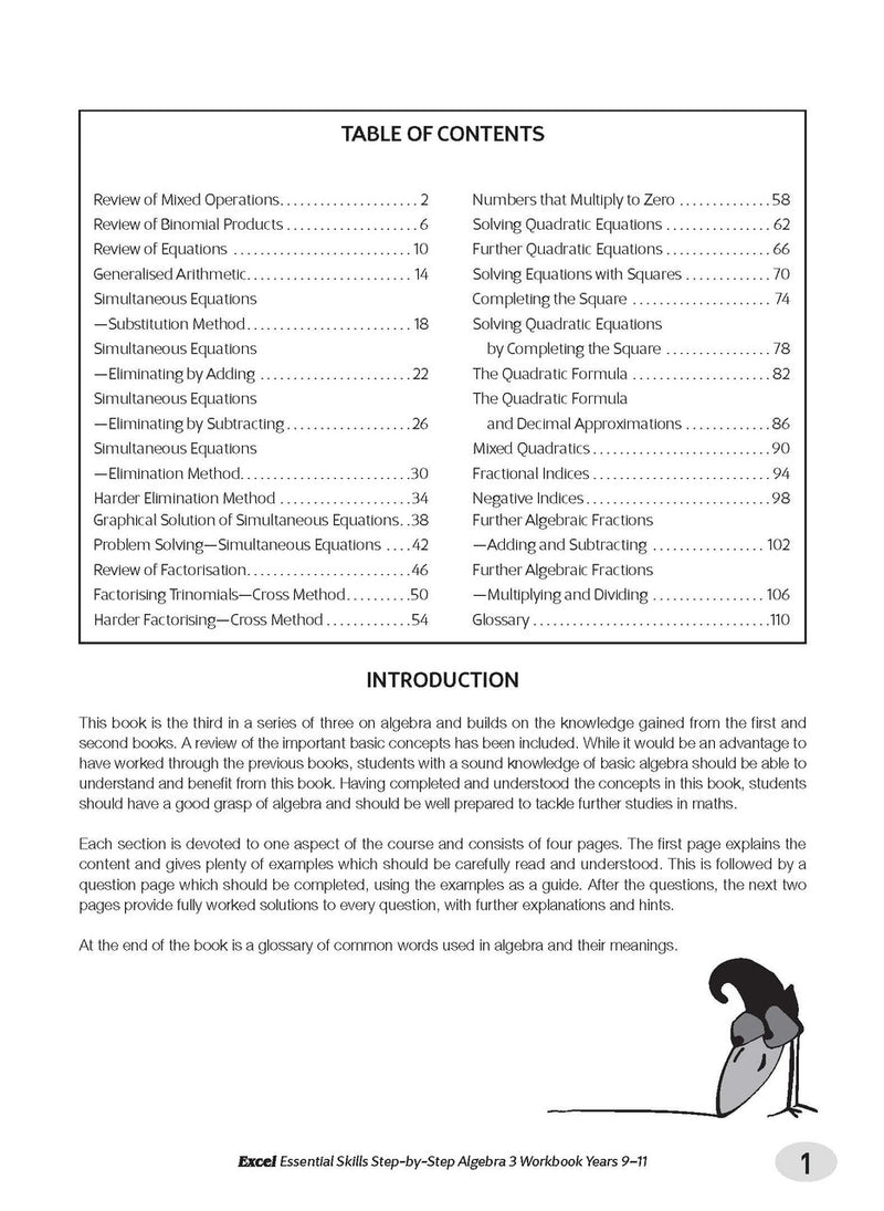 Sample interior page from the Excel Essential Skills Step-by-Step Algebra 3 Workbook Years 9-11 as shown in the Pascal Press gallery