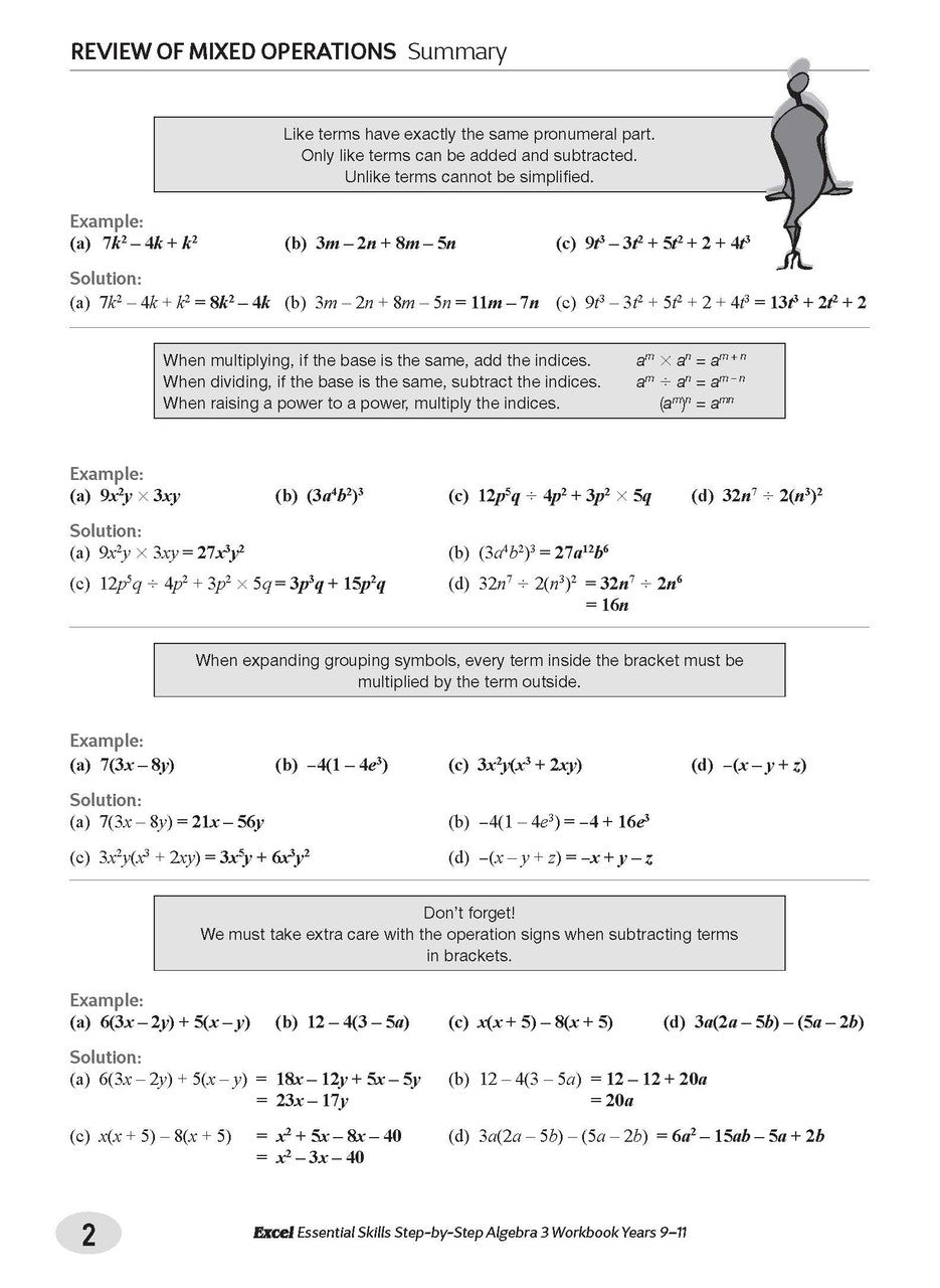 Sample interior page from the Excel Essential Skills Step-by-Step Algebra 3 Workbook Years 9-11 as shown in the Pascal Press gallery