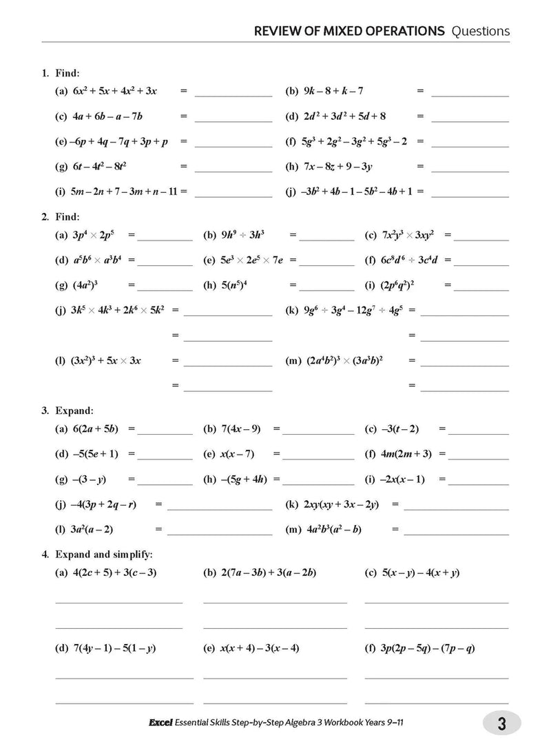 Sample interior page from the Excel Essential Skills Step-by-Step Algebra 3 Workbook Years 9-11 as shown in the Pascal Press gallery